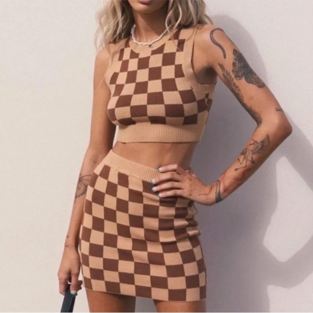 Princess Polly Luci Tan And Brown Checkered Plaid Tank Top Mini Skirt size M/L